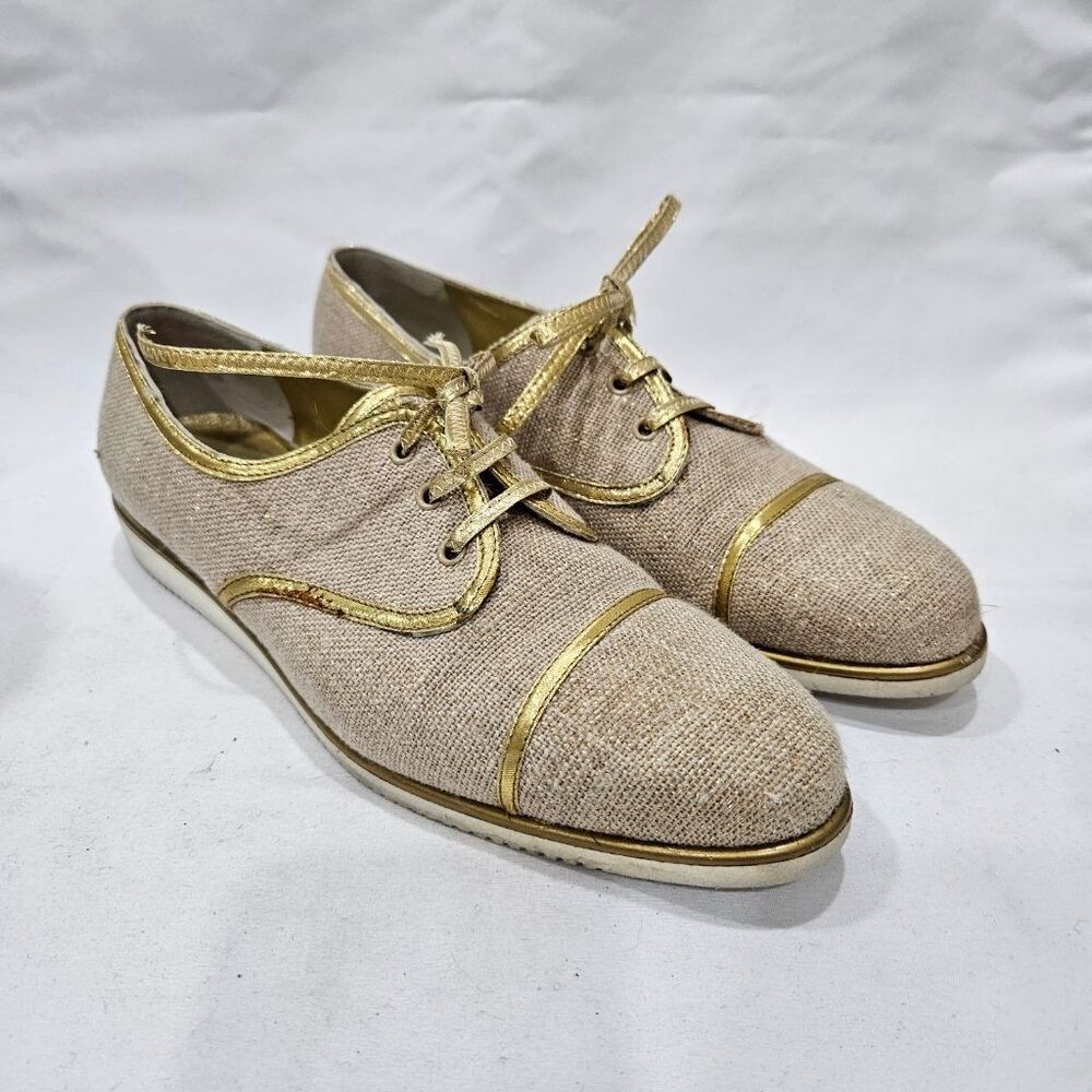 Salvatore Ferragamo Flagship Sneakers Linen Gold Cap Toe Lace Up Flats 7.5 B